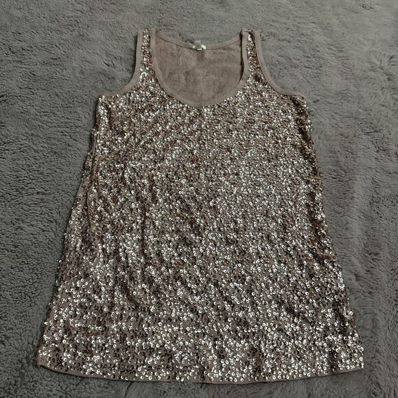 J Crew Copper Rose Gold Sequin Tank Top Front & Back XS Cotton Linen - Picture 1 of 4